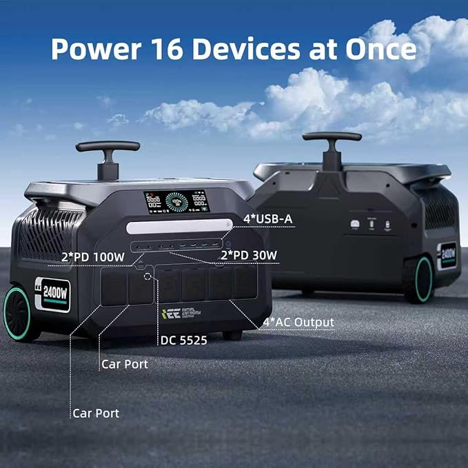 IEE P2400 Portable Power Station with 1x400W Solar Panel,2400W AC Outlet(Peak 5000W),1800W 1.2H