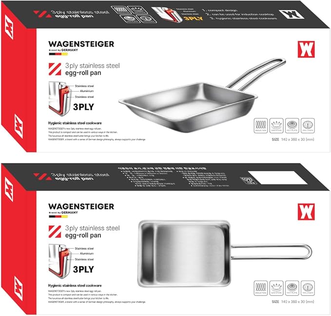 Stainless Steel Fry Pan, 3-Ply Reinforced Body, Rectangular Omelet Pan, Oven & Dishwasher Safe