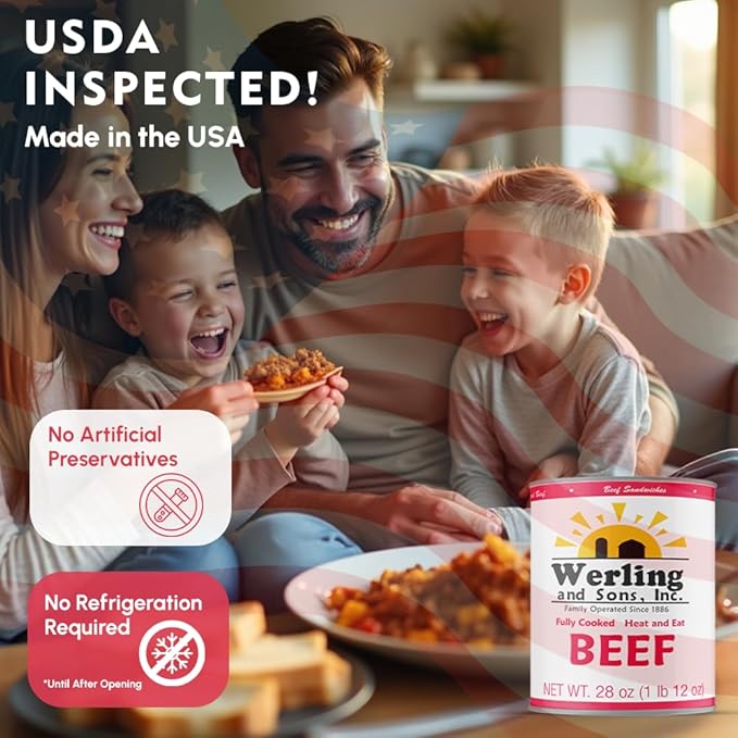 Werling Meats Canned Beef 28 Oz Fully Cooked, Heat & Eat | Shelf Stable Canned Meat for Pantry