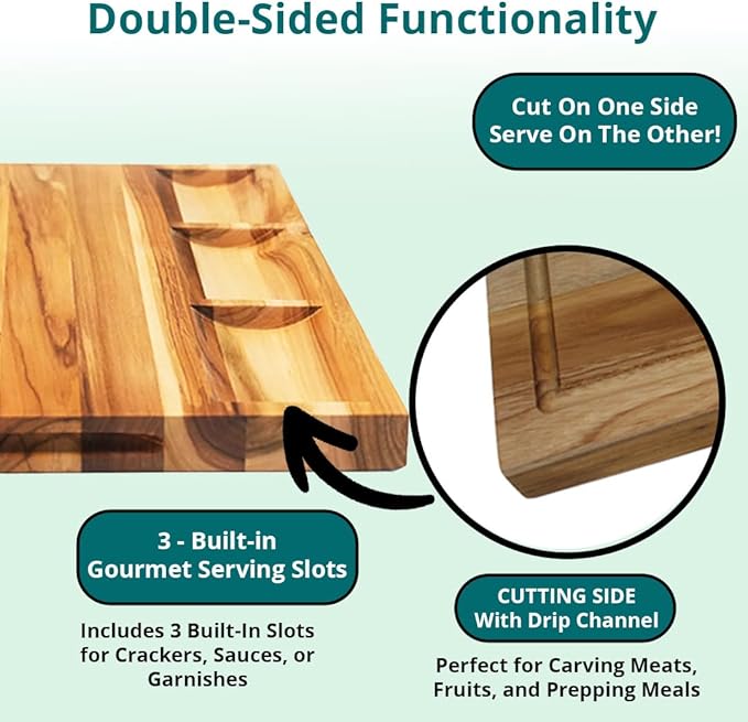 EcoDecors, Teak Cutting Board 24x18, FSC Certified Edge Grain Wood Reversible Butcher Block with
