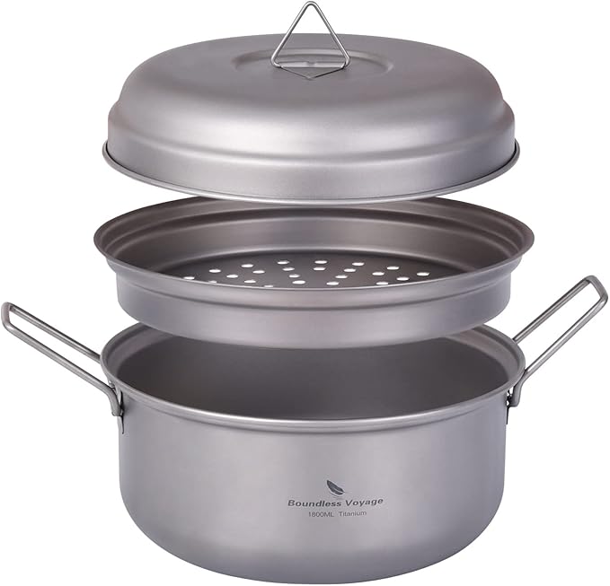 Boundless Voyage Multifunctional Titanium Steamer Pot with Frying Pan and Vented Lid Outdoor