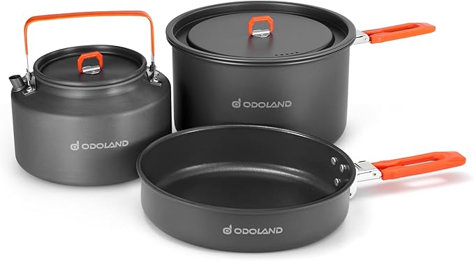 Odoland Camping Cookware Mess Kit, Camping Cooking Pot Fry Pan and 1.1L Kettle Set, Portable