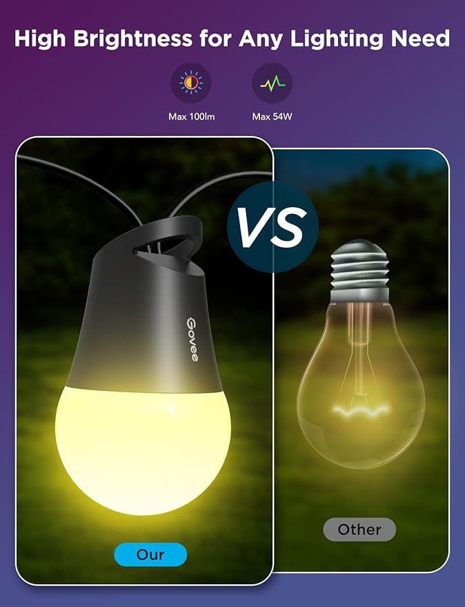Govee Smart Outdoor String Lights 2, 96ft RGBIC Outdoor Lights with Dimmable Warm White LED Bulbs
