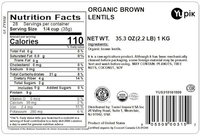 Yupik Organic Brown Lentils, 2.2 lb (35.2 oz), Non-GMO, Vegan, Gluten-Free, Kosher, Raw, Salt-Free