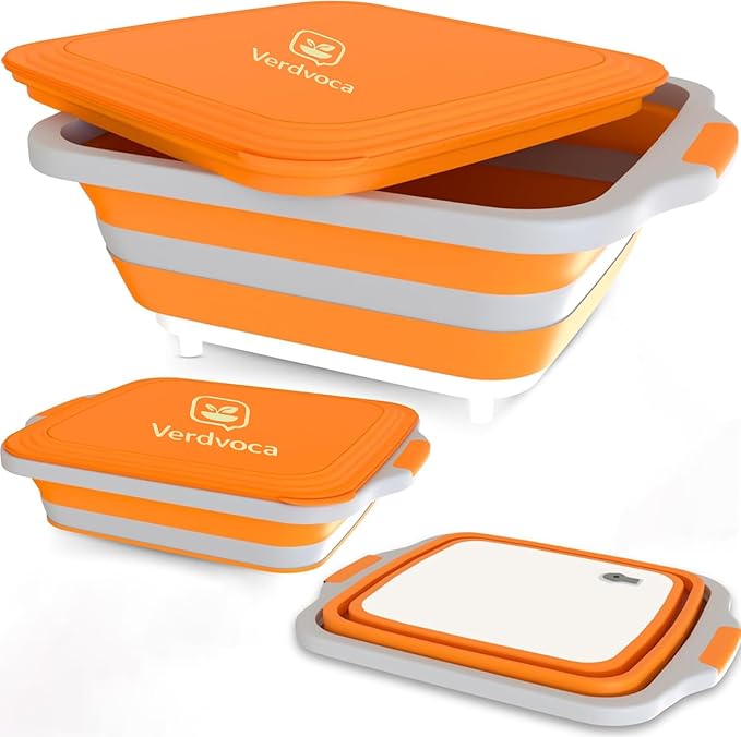 Collapsible BBQ Prep Tubs with Lids, Grill Cutting Board, Camping Sink with Drainage Hole for Meal
