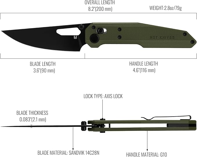 Sharplyn Folding Pocket Knife, 3.6" 14C28N Steel Blade with Black PVD Non-Slip OD Green G10 Handle