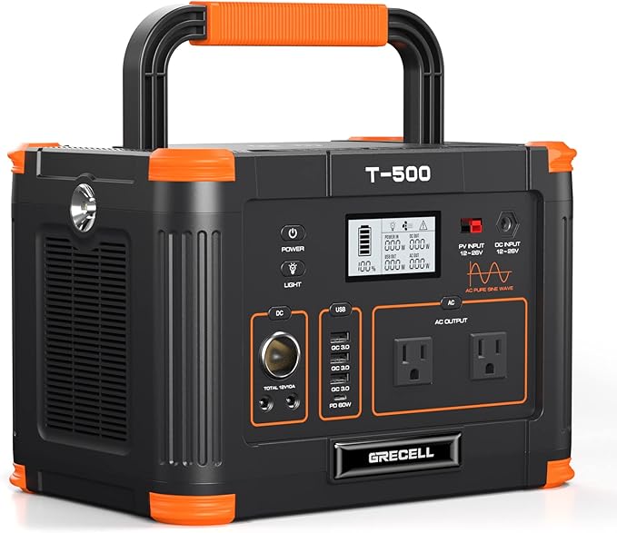 Portable Power Station 500W(Peak 1000W), 519Wh Outdoor Solar Generator Backup Battery Pack with 2