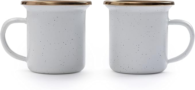 Barebones 5-Ounce Enamel Espresso Cup Set of 2 - Small Coffee Mug and Tea Cup - Stainless Steel Rim