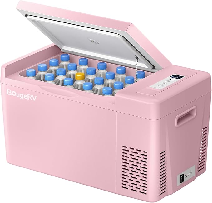 BougeRV Pink 23Quart Portable Refrigerator, 12 Volt Fridge 22L, Portable Freezer Compressor Cooler
