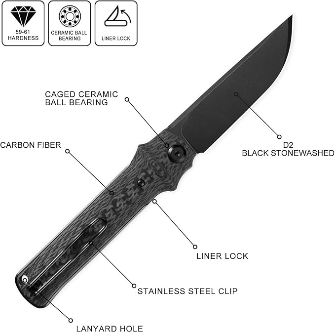 Petrified fish PFB04 Tena Folding Knife, 3.82" D2 Black Stonewashed Blade Carbon Fiber Handle