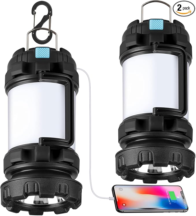 2 Pack Camping Lantern, Outdoor LED Camping Light, Rechargeable Flashlights with 1000LM, 6 Modes