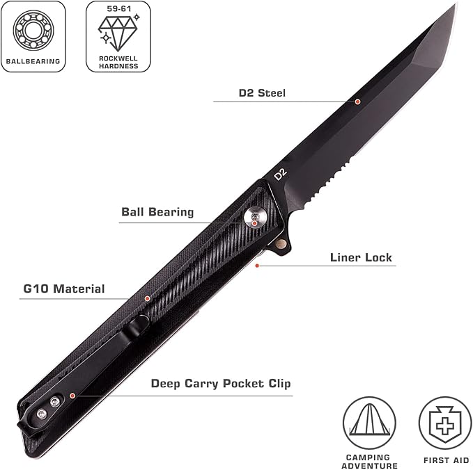 Pocket Knife GD22K, Flipper Open D2 Steel Tanto Folding knife with Durable G10 Handle,Men Women