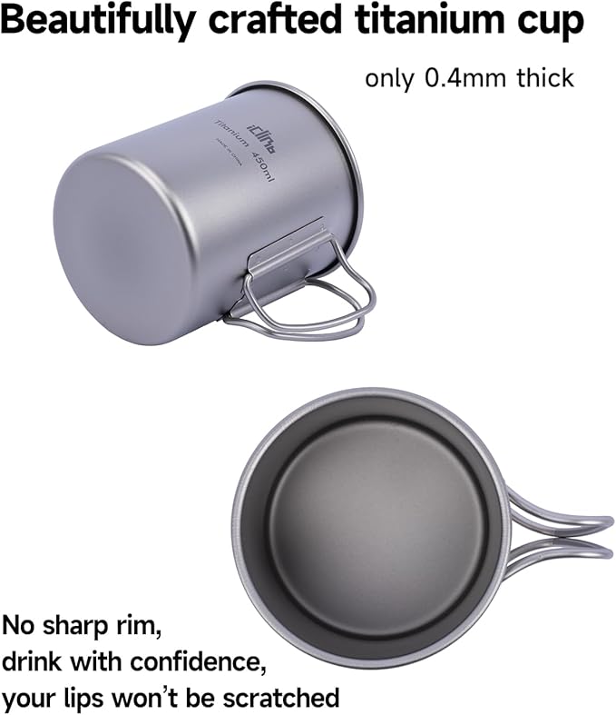 iClimb Titanium Cup Camping Coffee Mug Ultralight Compact with Foldable Handle (300ml)