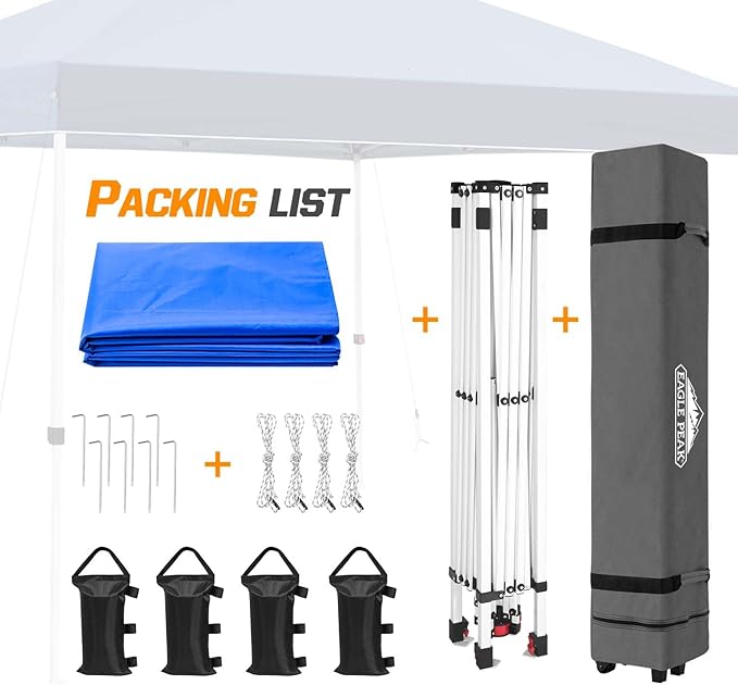 EAGLE PEAK Pop Up Canopy Tent with Wheeled Carry Bag, 8 Stakes, 4 Ropes, 4 Weight Bags, Easy Set Up