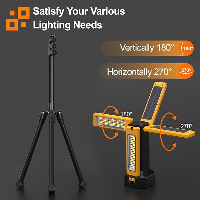 13200mAh Rechargeable Solar Work Light, IPX4 Waterproof with Folding Stand Support and Portable