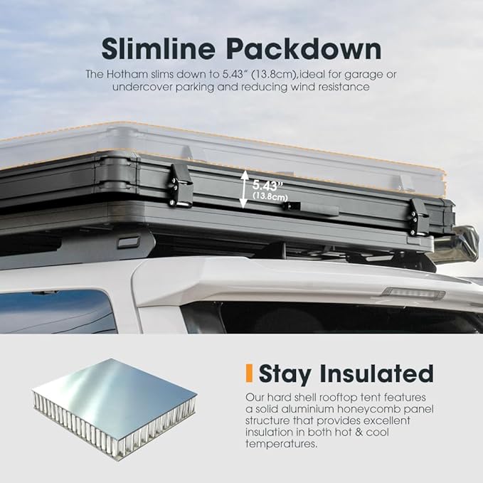 Sanhima Rooftop Tent Hard Shell - Hotham Overland Aluminium Roof Top Tent w/Larger Space, LED Strip