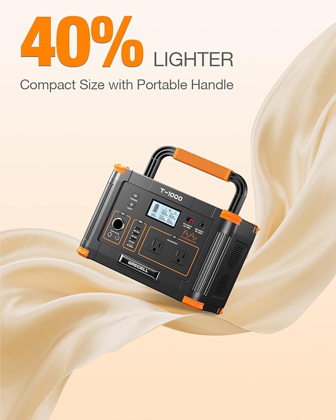 GRECELL 999Wh Solar Generator 1000W, Portable Power Station with 60W USB-C PD Output, 110V Pure