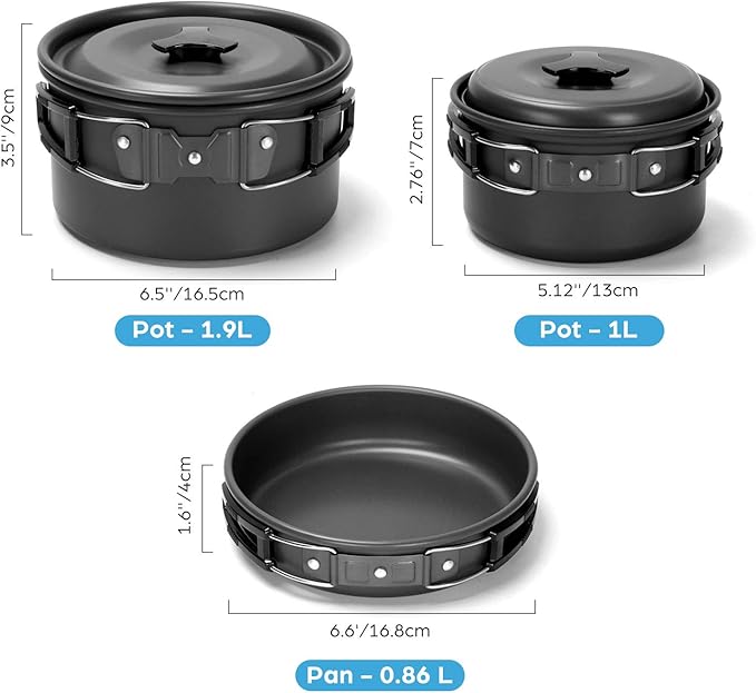 Odoland 15pcs Camping Cookware Mess Kit, Non-Stick Lightweight Pots Pan Set with Stainless Steel
