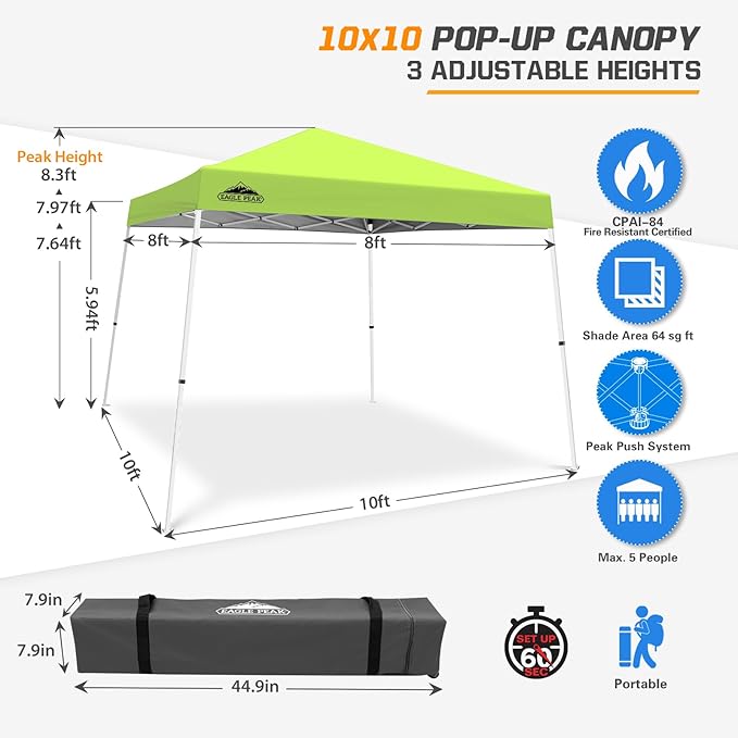 EAGLE PEAK 10x10 Slant Leg Pop-up Canopy Tent Easy One Person Setup Instant Outdoor Beach Canopy