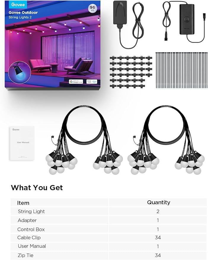 Govee Smart Outdoor String Lights 2, 96ft RGBIC Outdoor Lights with Dimmable Warm White LED Bulbs
