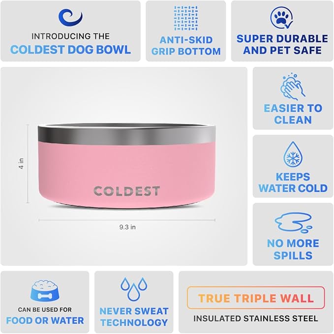 Coldest Dog Bowl - Anti Rust Metal, Non Slip, 3 Layers Insulated Stainless Steel Dog Bowls - Spill
