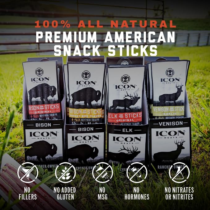 ICON Meats Snack Sticks Sampler - Assorted Flavors of Bison, Elk, Venison and Pork Jerky Sticks – 6