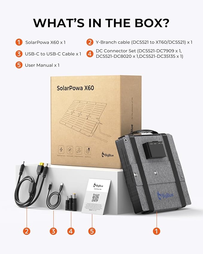 BigBlue 60W Portable Compact Solar Panel with PD 45W USB-C, 20W USB-A, DC Ports for Power Stations