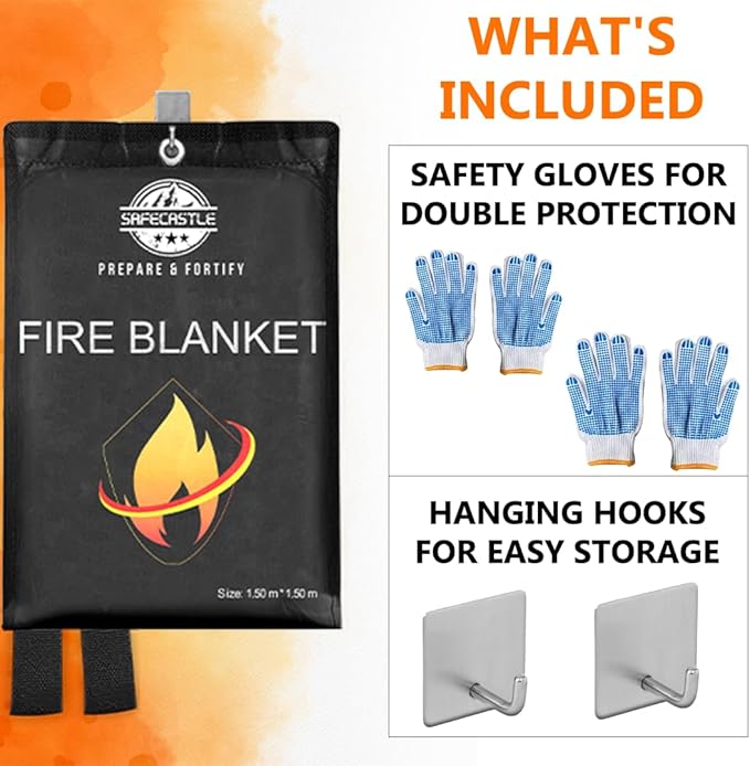 SAFECASTLE Emergency Fire Blanket 59"x59" Large Size, 2 Pack + 2 Hooks & 2 Gloves Fire Retardant