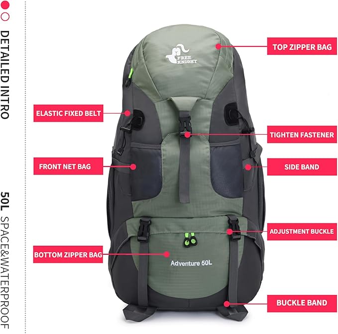 Bseash 50L Hiking Backpack, Water Resistant Lightweight Outdoor Sport Daypack Travel Bag for