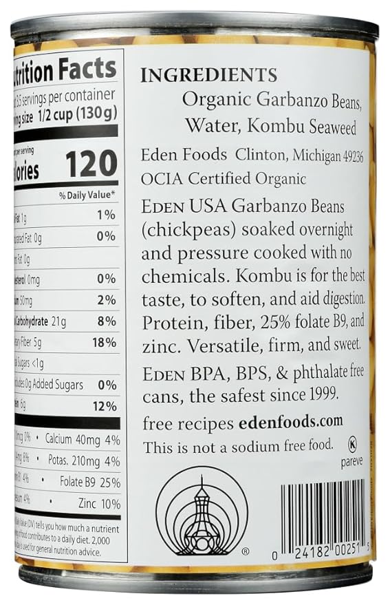 Eden Organic Garbanzo Beans, No Salt Added, 15 Ounce (Pack of 12)