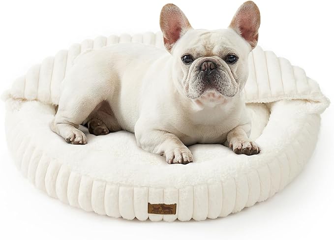 Small Dog Bed with Hooded Blanket, Round Fluffy Anti-Anxiety Pet Bed for Small Dogs & Medium Dogs