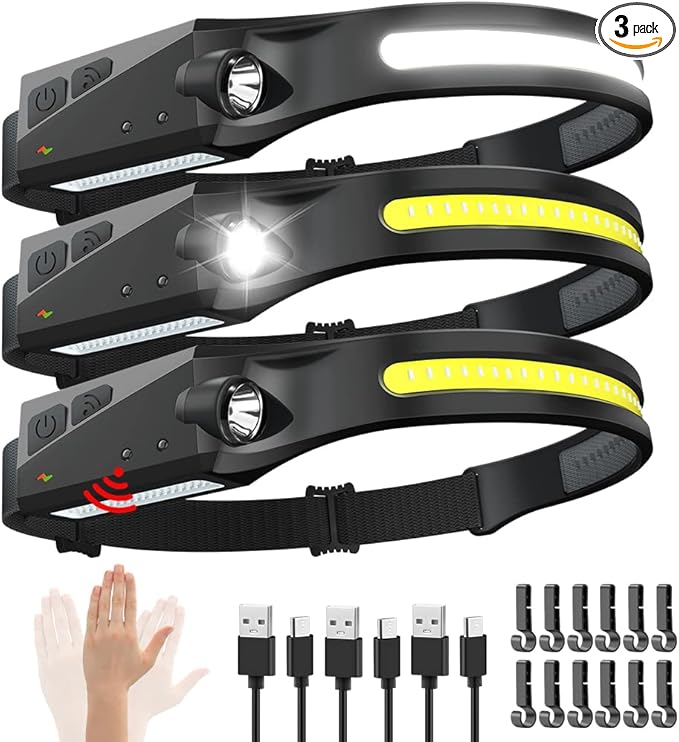 Rechargeable Headlamp 3PCS, 230° Wide Beam Head Lamp, Motion Sensor LED Headlamp Rechargeable