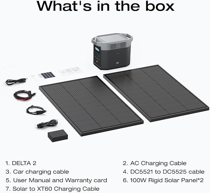 EF ECOFLOW Solar Generators, DELTA 2 Portable Power Station with 2PCS 100W 12V Solar Panels, 1024Wh