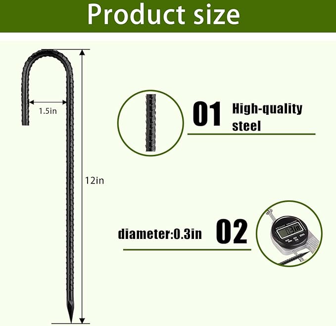 Rebar Stakes 12 Inch, Ground Stakes Heavy Duty J-Hook Black Coated Anti-Rust Heavy Duty Ground