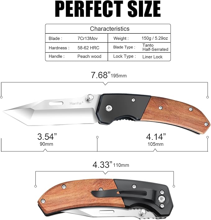 Harita Pocket Knife for Men, Folding Utility with Pocket Clip, Wood Handle EDC for Women with 3.4″