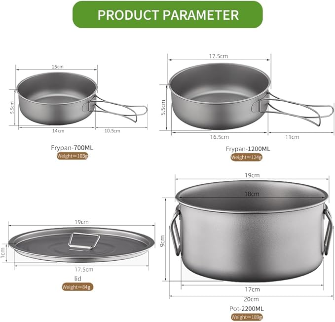 BY-J 3 Piece-Set, Outdoor Titanium Frying Pan & Pot with Lid Folding Handle Camping Hanging