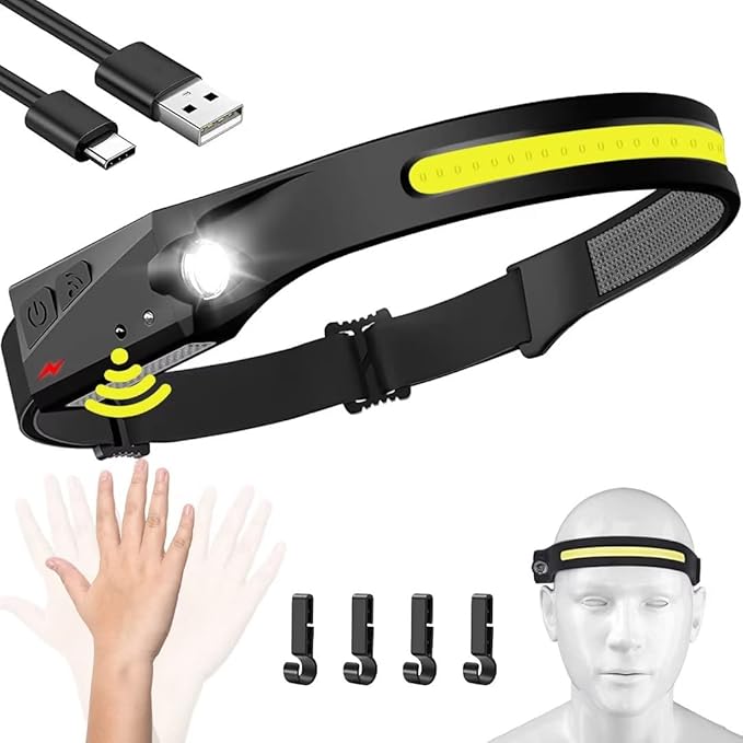 Headlamp Rechargeable, 230° Wide Beam Head Lamp LED with Motion Sensor for Adults - Camping