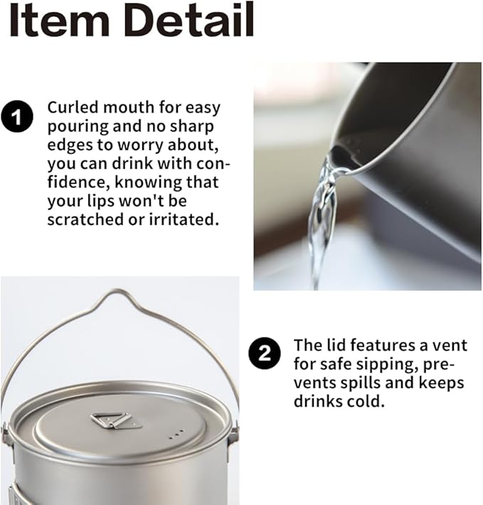 1100ml Titanium Camping Pot with Lid & Bail Handle, Lightweight Backpacking Cookware for Outdoor