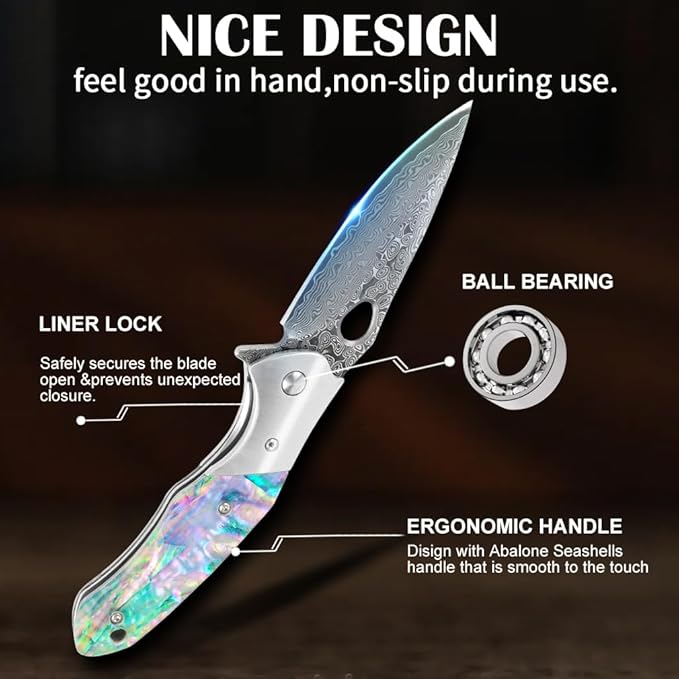 Cottonbell Damascus Pocket Knife Unique Rainbow Abalone Shell Handle Damascus Folding Knife, with