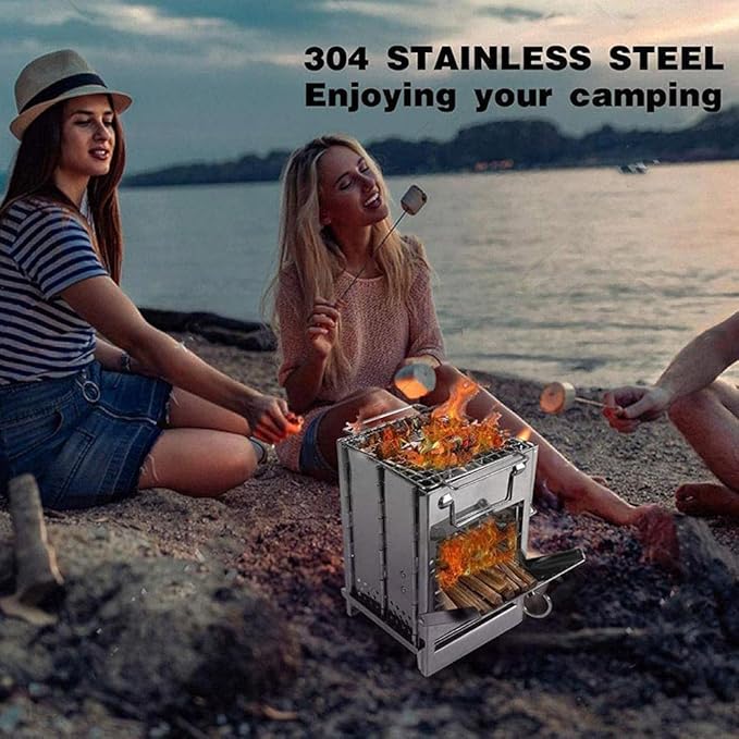 Camping Wood Burning Stove with Grill, Collapsible Backpacking Survival Rocket Stove Stainless