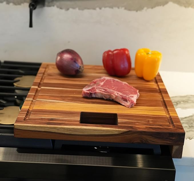 EcoDecors, Teak Edge Grain Cutting Board 17"x18", Solid FSC Teak Wood Butcher Block with Juice