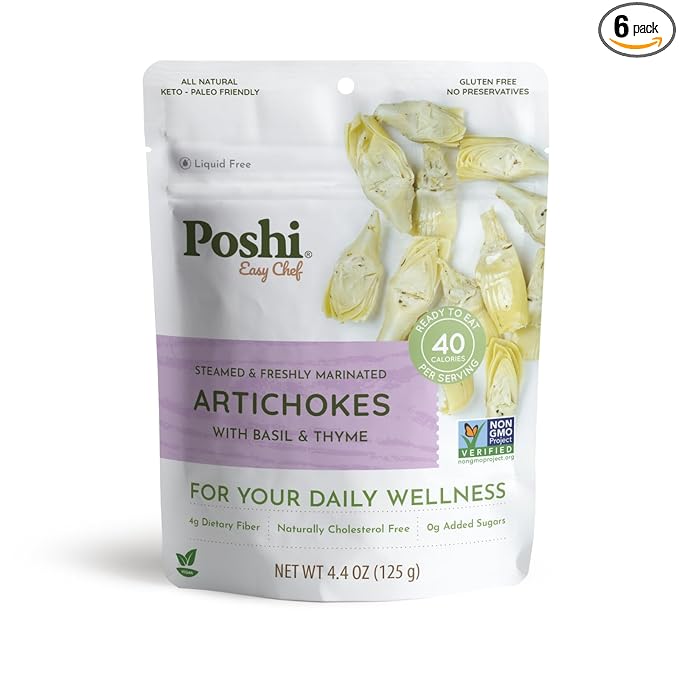 POSHI Marinated Artichoke Hearts with Basil + Thyme Natural, Keto, Vegan, Non GMO, Low Carb +