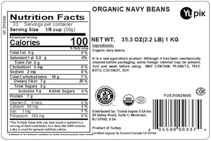 Yupik Organic Navy Beans, 2.2 lb (35.3 oz), Non-GMO, Vegan & Gluten-Free, USDA Certified, Kosher