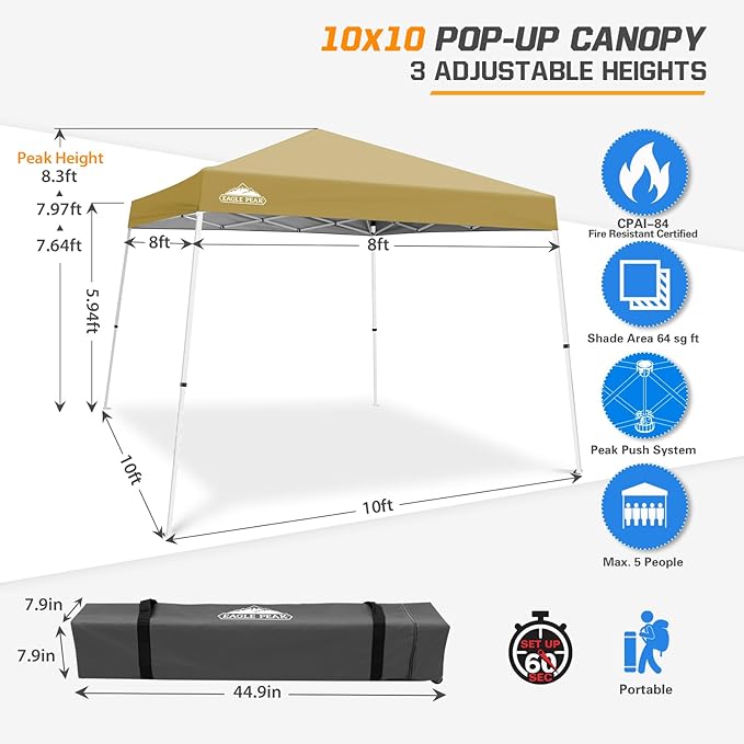 EAGLE PEAK 10x10 Slant Leg Pop-up Canopy Tent Easy One Person Setup Instant Outdoor Beach Canopy