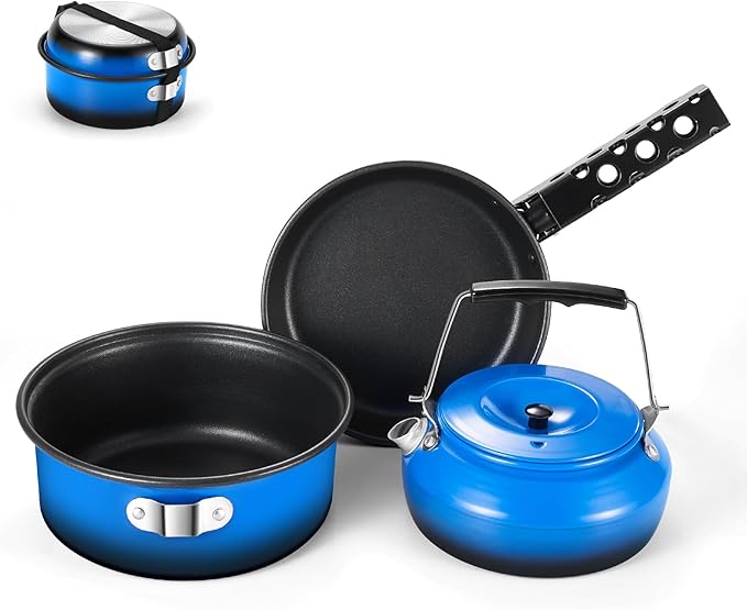Odoland 5pcs Camping Cookware Non-Stick Camping Pot and Pan Set with Kettle and Removable Handle