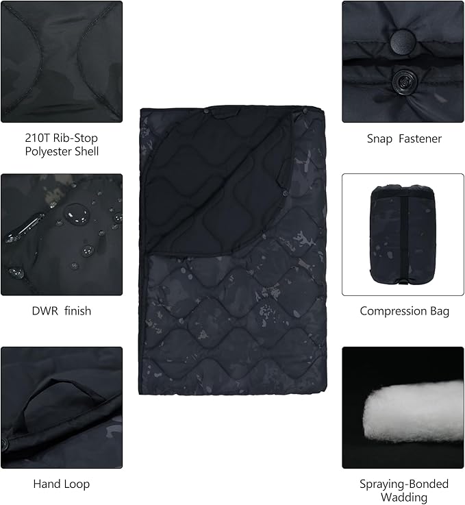 Poncho Liner Military Outdoor Camping Blanket for Travel, Beach, Grass, Picnic, Car Emergency
