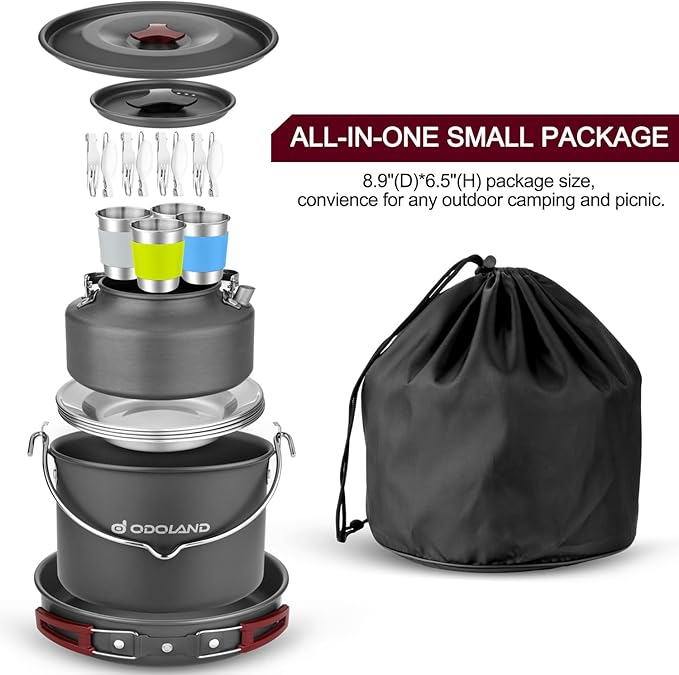 Odoland 22pcs Camping Cookware Mess Kit, Large Size Hanging Pot Pan Kettle with Base Cook Set for