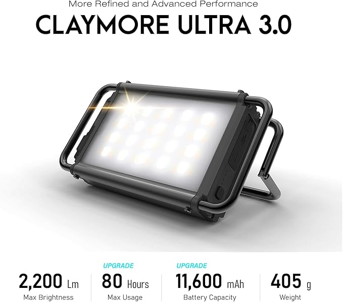 CLAYMORE Ultra 3.0 (Medium) - USB-C Rechargeable Outdoor Portable Area Light, 3 Color Modes, 40 to