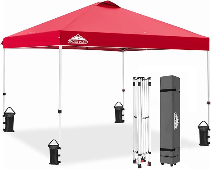 EAGLE PEAK Pop Up Canopy Tent with Wheeled Carry Bag, 8 Stakes, 4 Ropes, 4 Weight Bags, Easy Set Up