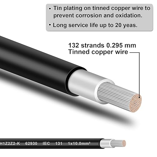 Solar Panel Wire - 50FT Black Tinned Copper Wire, 8AWG (10mm²) PV Wire Solar Extension Cable for